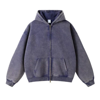 Custom High Quality Streetwear Hoodie Fleece Blank up Vintage Double Layer Acid Wash Sun Faded Distressed Pockets Hoodies
