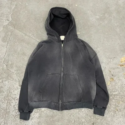 Custom High Quality Streetwear Hoodie Fleece Blank up Vintage Double Layer Acid Wash Sun Faded Distressed Pockets Hoodies