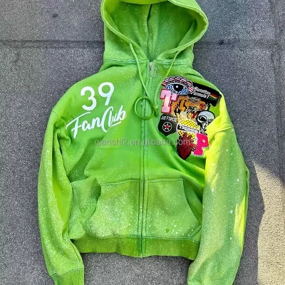 Embroidery French Terry Oversized Zipper Hoodies Custom Graphic 100% Cotton Men Boxy Distressed Acid Wash Zip up Hoodie