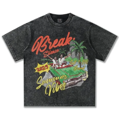 High-quality Pure Cotton Retro Fun Illustration Print Heavy 300g Washing Color Short-sleeved T-shirt for High Street T-shirt Men