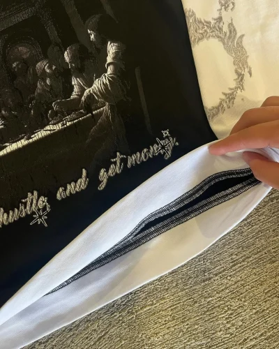 Custom LOGO 100% Cotton Oversized T-shirts Vintage Graphic Dtg Printing Wash Spliced Hem Double Layer Long Sleeve Men's T Shirt