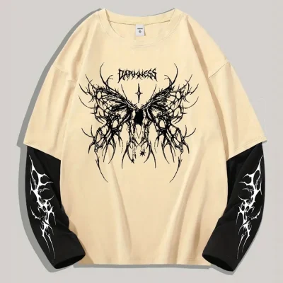 Streetwear Manufacturer Men's Graphic T Shirt Printed Long Sleeve T-Shirt Drop Shoulder Double Layer Tshirts for Men