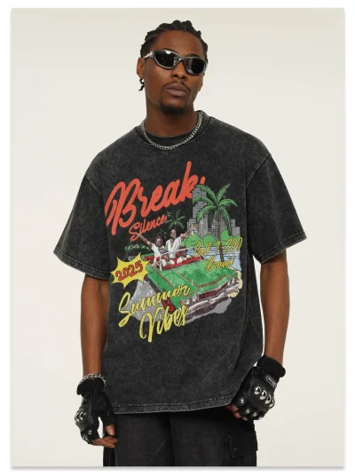 High-quality Pure Cotton Retro Fun Illustration Print Heavy 300g Washing Color Short-sleeved T-shirt for High Street T-shirt Men