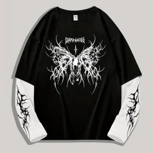 Streetwear Manufacturer Men's Graphic T Shirt Printed Long Sleeve T-Shirt Drop Shoulder Double Layer Tshirts for Men