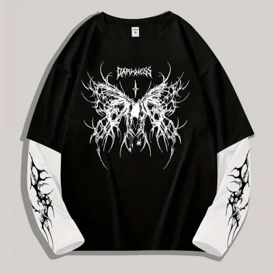 Streetwear Manufacturer Men's Graphic T Shirt Printed Long Sleeve T-Shirt Drop Shoulder Double Layer Tshirts for Men
