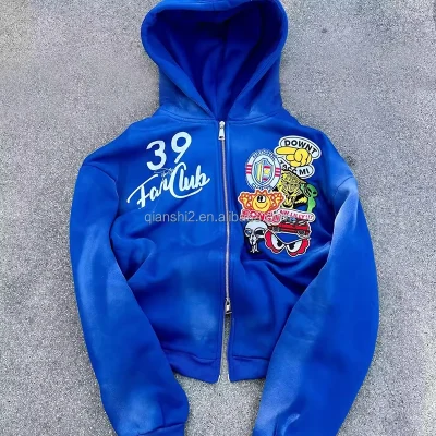 Embroidery French Terry Oversized Zipper Hoodies Custom Graphic 100% Cotton Men Boxy Distressed Acid Wash Zip up Hoodie