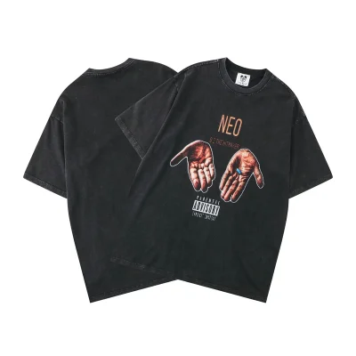Men's Retro Washed Digital Printed T-Shirt 100% Pure Cotton Knitted Short Sleeved Oversized Casual Style