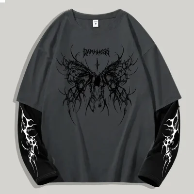 Streetwear Manufacturer Men's Graphic T Shirt Printed Long Sleeve T-Shirt Drop Shoulder Double Layer Tshirts for Men