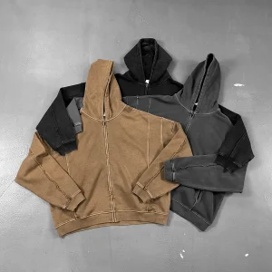 Hot Sale Streetwear Heavyweight French Terry High Quality YKK Zipper Cropped Distressed Boxy Zip up Hoodie for Men