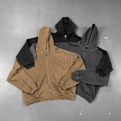 Hot Sale Streetwear Heavyweight French Terry High Quality YKK Zipper Cropped Distressed Boxy Zip up Hoodie for Men