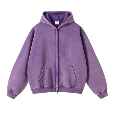 Custom High Quality Streetwear Hoodie Fleece Blank up Vintage Double Layer Acid Wash Sun Faded Distressed Pockets Hoodies