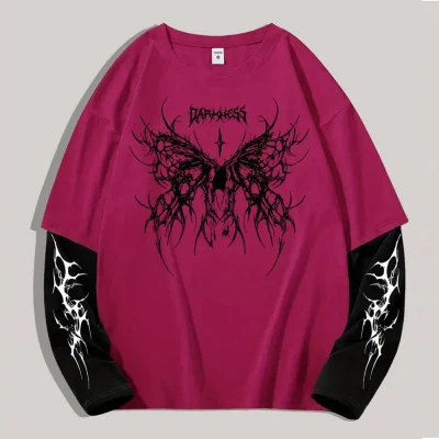 Streetwear Manufacturer Men's Graphic T Shirt Printed Long Sleeve T-Shirt Drop Shoulder Double Layer Tshirts for Men