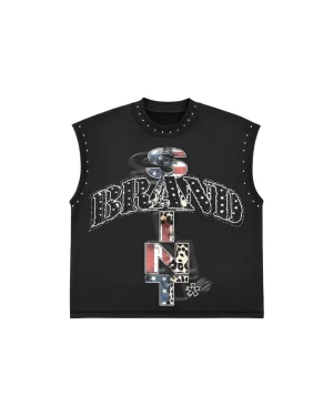 Men's Print Trend Fashion American Street Rhinestone Sleeveless T-shirt