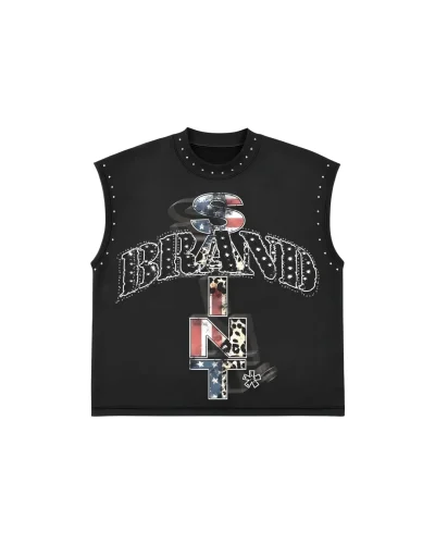Men's Print Trend Fashion American Street Rhinestone Sleeveless T-shirt