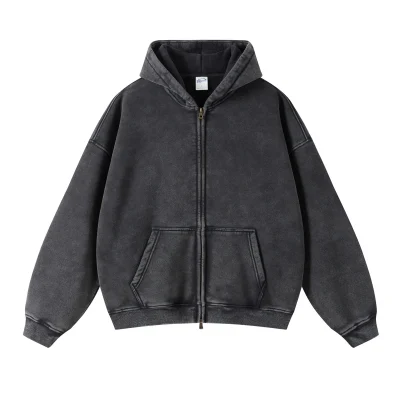 Custom High Quality Streetwear Hoodie Fleece Blank up Vintage Double Layer Acid Wash Sun Faded Distressed Pockets Hoodies