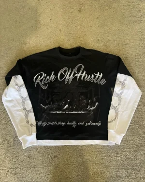 Custom LOGO 100% Cotton Oversized T-shirts Vintage Graphic Dtg Printing Wash Spliced Hem Double Layer Long Sleeve Men's T Shirt