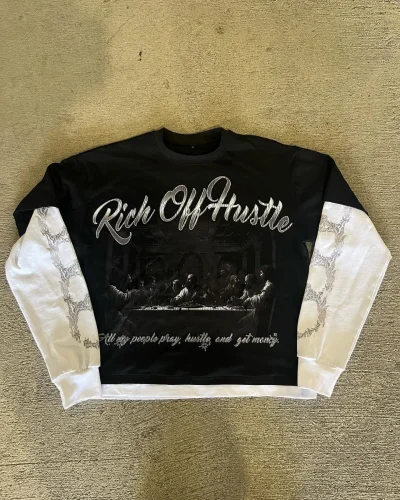 Custom LOGO 100% Cotton Oversized T-shirts Vintage Graphic Dtg Printing Wash Spliced Hem Double Layer Long Sleeve Men's T Shirt