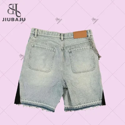 Y2K Retro Patchwork Denim Shorts Men Harajuku Hip Hop Blue Baggy Denim Casual Knee Length Shorts