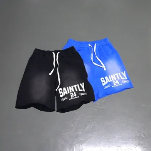 H1c8089337c3b4596874d9d987145a55aK.webp Wholesale French Terry Shorts Custom Cotton Screen Print Graphic Acid Wash Sun Fade Drawstring Sweat Shorts