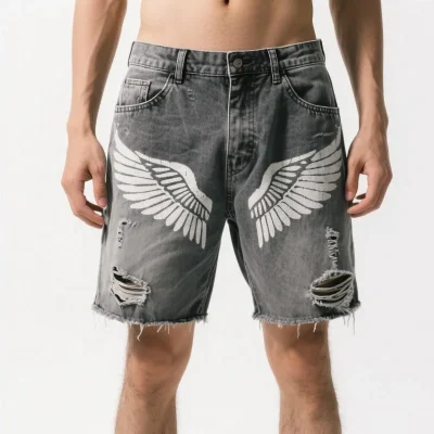 Custom Logo Cargo Shorts for Men Vintage Jean Denim Casual Summer Beach Mid Washed Shorts Men's Printed Shorts