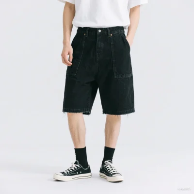 Men's Black Denim Shorts - Washed Finish, Baggy Fit, Custom Logo for a Unique and Edgy Appeal