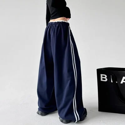 Spring and Autumn Trendy Hip-Hop Sports Pants for Women Mid Waist Flat Front Loose Straight Cargo Wide-Leg Casual Pants
