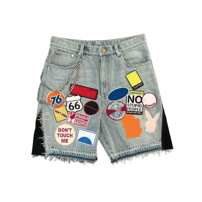 Y2K Retro Patchwork Denim Shorts Men Harajuku Hip Hop Blue Baggy Denim Casual Knee Length Shorts