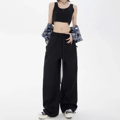 Women's High Waist Breathable Hip Hop Sports Pants-American Street Style Versatile Loose Wide Leg Casual Pants for Winter XL