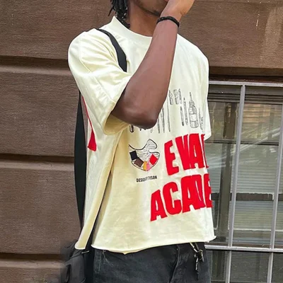 Qianshi Cropped Boxy T Shirts Men Designer Streetwear Graphic T-Shirt Men's 100% Cotton Oversized Heavyweight T-Shirts for Men