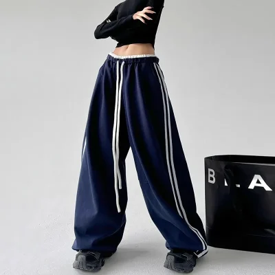 Spring and Autumn Trendy Hip-Hop Sports Pants for Women Mid Waist Flat Front Loose Straight Cargo Wide-Leg Casual Pants