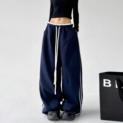 Spring and Autumn Trendy Hip-Hop Sports Pants for Women Mid Waist Flat Front Loose Straight Cargo Wide-Leg Casual Pants
