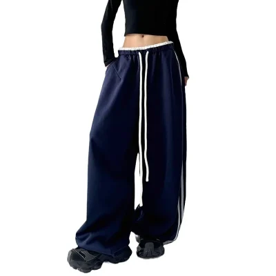Spring and Autumn Trendy Hip-Hop Sports Pants for Women Mid Waist Flat Front Loose Straight Cargo Wide-Leg Casual Pants