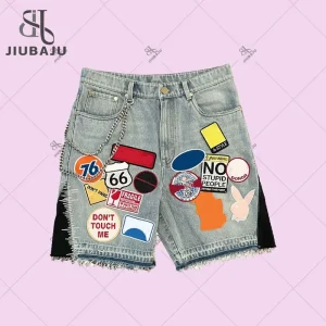 Y2K Retro Patchwork Denim Shorts Men Harajuku Hip Hop Blue Baggy Denim Casual Knee Length Shorts