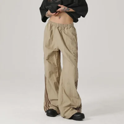 High Quality Wholesale Custom Logo 100% Nylon Unisex Activewear Quick Dry Parachute Striped Baggy Wide Leg Pants for Men Women